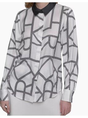 KARL LAGERFELD PARIS Womens Logo-Print Collared Button Down Blouse SoftWhite XL